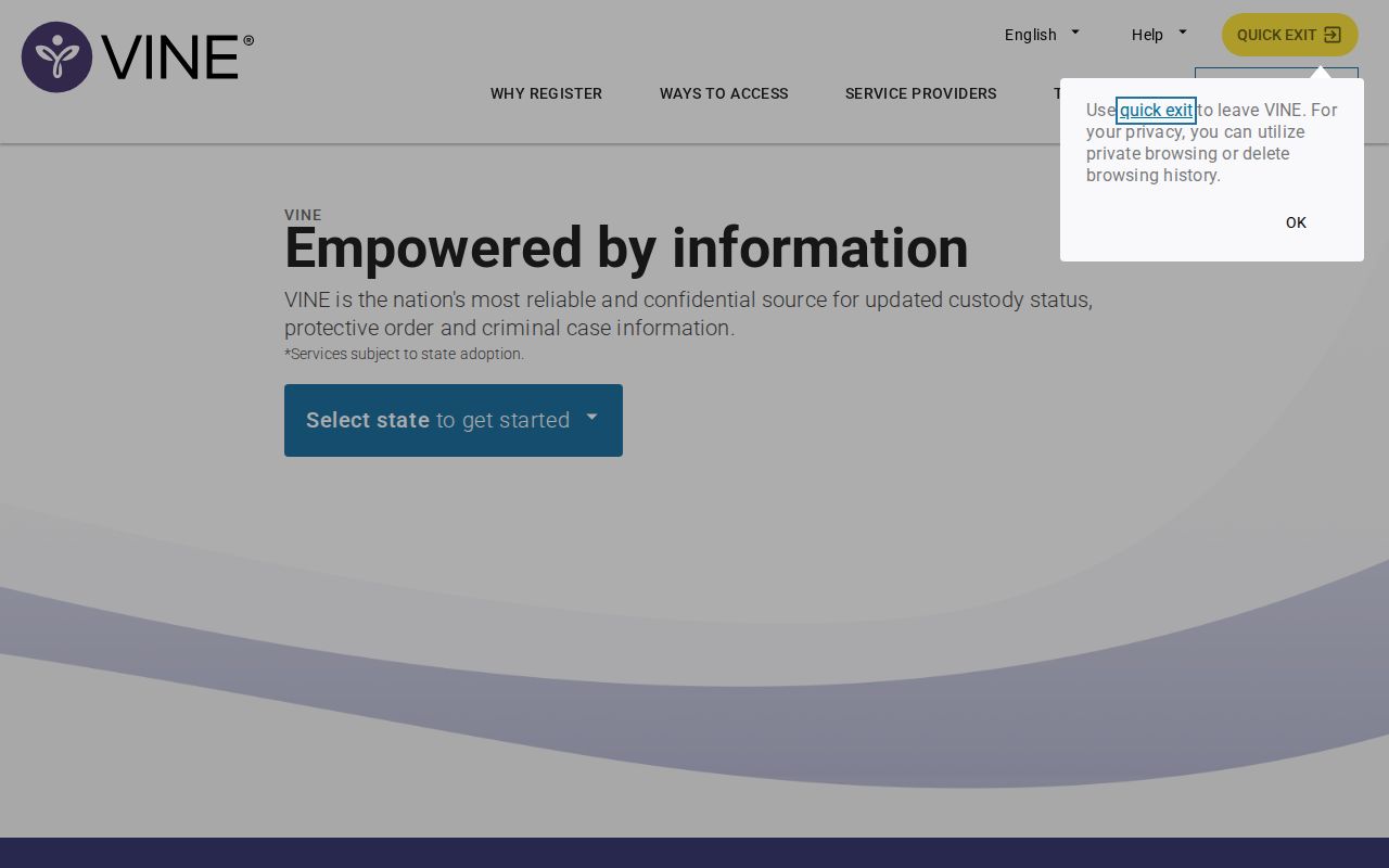 VINELink Ohio selection, custody match, and notification registration interface